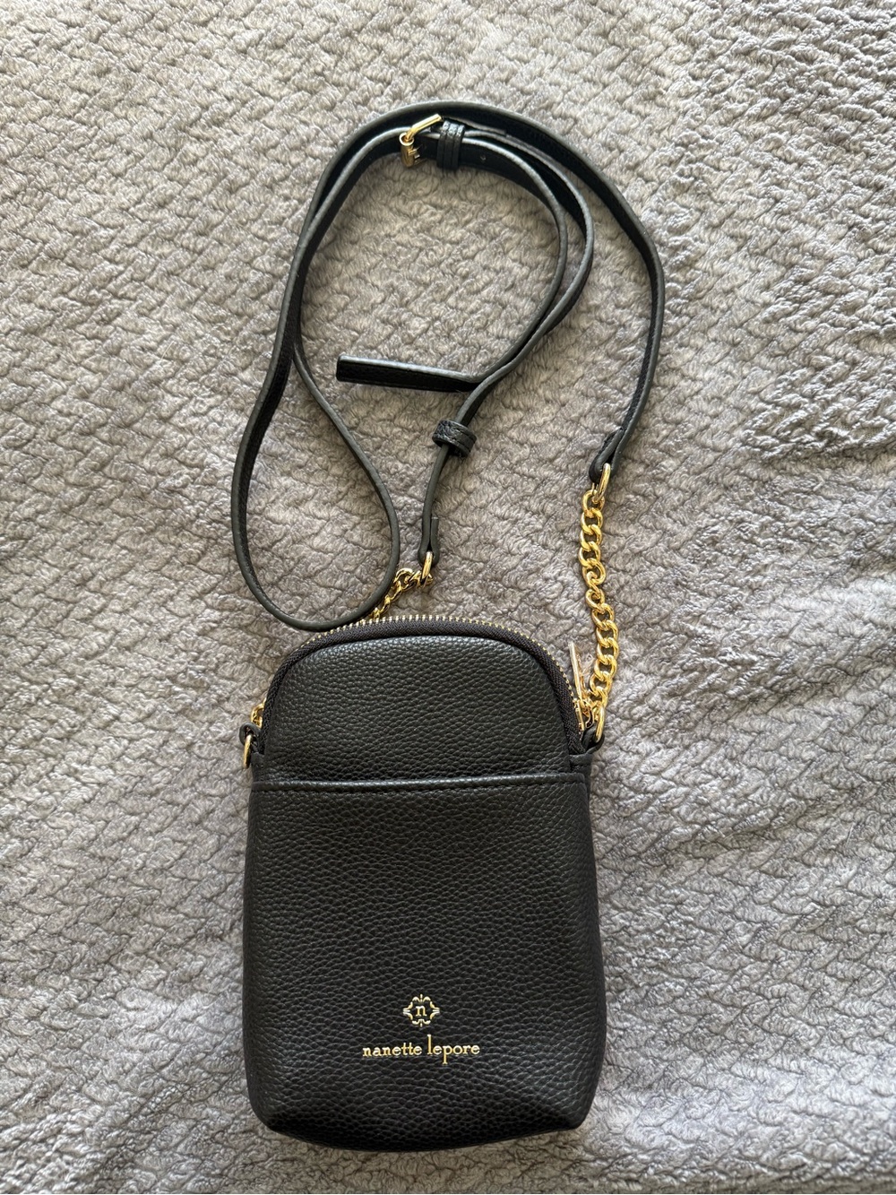Nanette Lepore Black Pebbled Crossbody Phone Bag with Gold Chain Accent